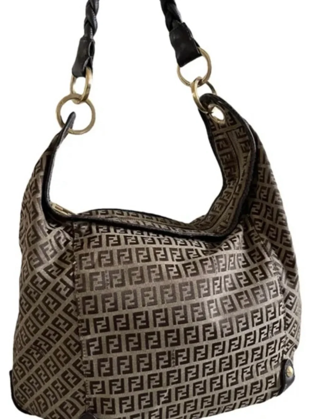 Fendi Brown Monogram Hobo with Braided leather Handle and Gold Hardware